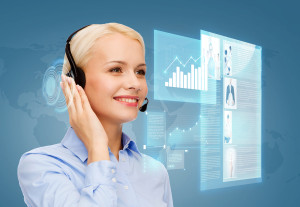 business, technology and call center concept - friendly female h